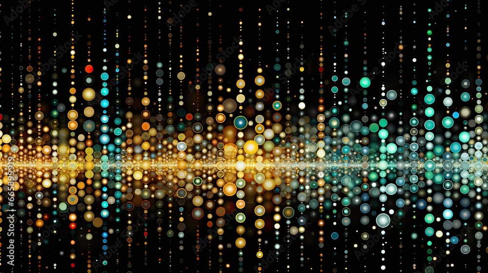 AI-generated abstract illustration of dots and lines - predominantly gold and green - making up a sparkling display. MidJourney. AI-generated abstract illustration of dots and lines - predominantly gold and green - making up a sparkling display. MidJourney.