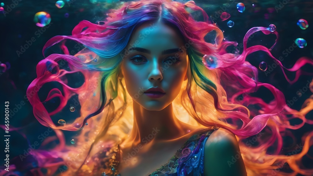 woman posing underwater with colorful smoke explosion effect and water bubbles
