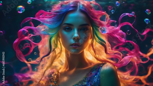woman posing underwater with colorful smoke explosion effect and water bubbles