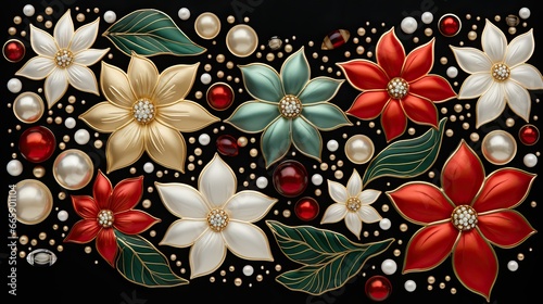 AI-generated illustration of colorful winter holiday flowers and embellishments. MidJourney.