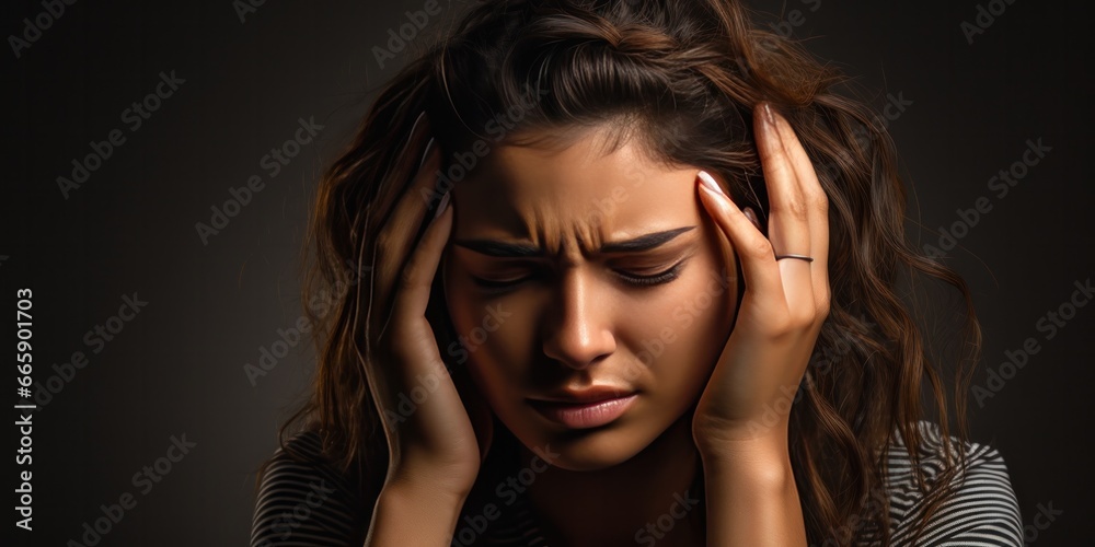 woman with migraine headache holding her head having pain, generative AI woman with migraine headache holding her head having pain, generative AI