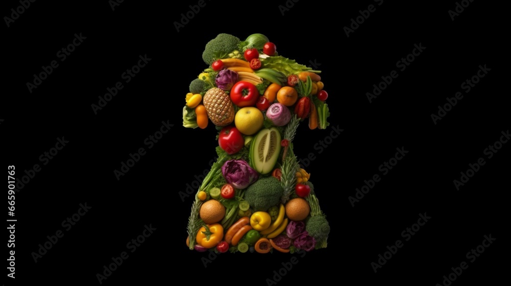 Fruits and vegetables in the shape of woman body food generative ai