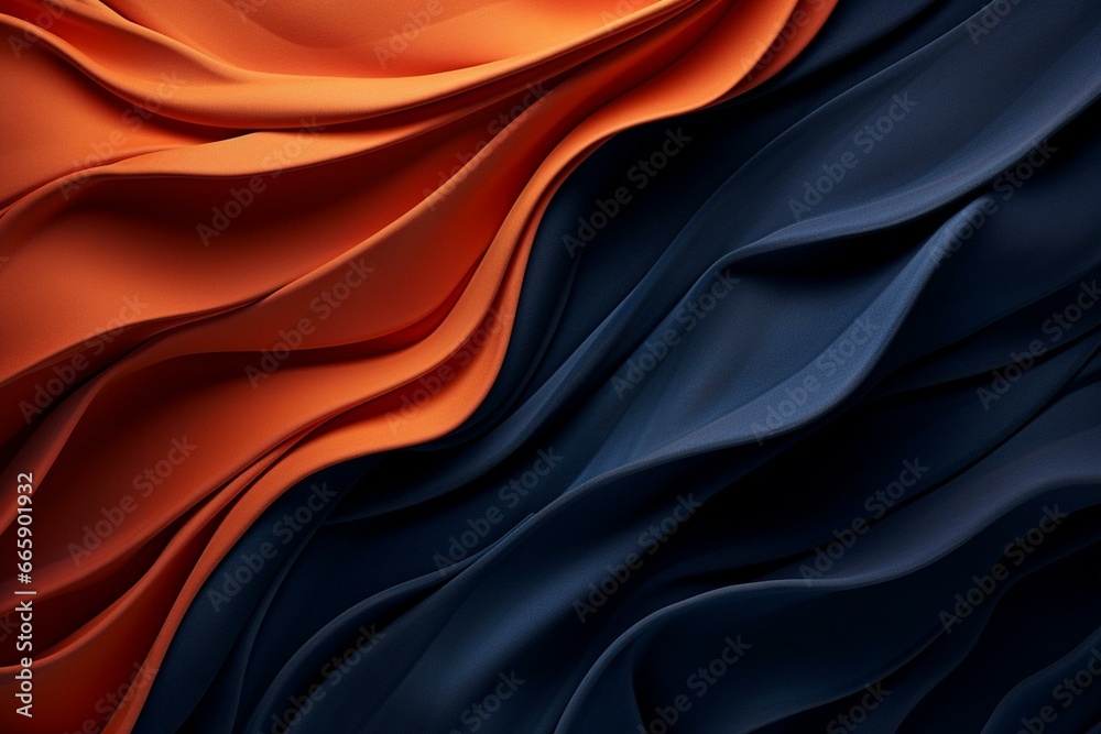 Navy blue and orange wrinkled textile with multicolored wavy surface. Wallpaper. Generative AI - obrazy, fototapety, plakaty 