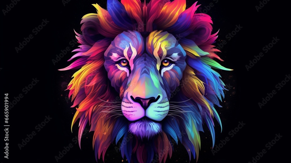 Image of a lion head with beautiful bright colors on generative ai