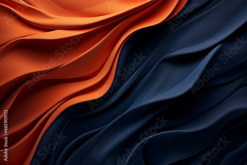 Navy blue and orange wrinkled textile with multicolored wavy surface. Wallpaper. Generative AI