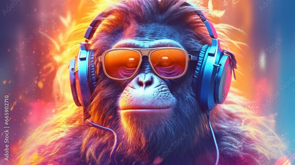 Monkey wearing sunglasses with headphones enjoys generative ai