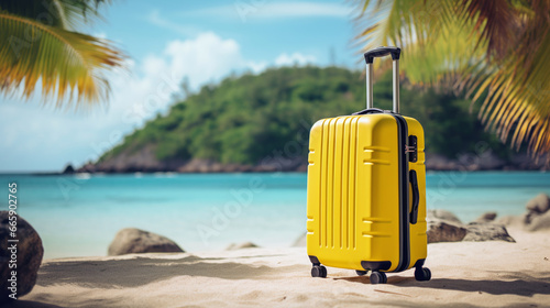 Modern bright yellow suitcase by the tropical beach. © Shanorsila
