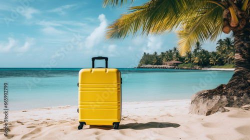 Modern bright yellow suitcase by the tropical beach. © Shanorsila
