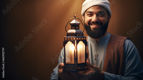 Arabic man holding a glowing lantern. Ramadan kareem concept. photo