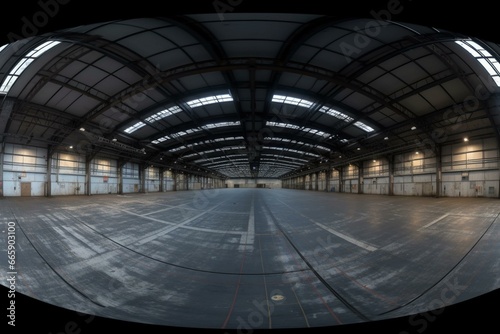Full panoramic 360° HDRI in an empty room resembling a warehouse or hangar for VR/AR environment. Generative AI © Kato