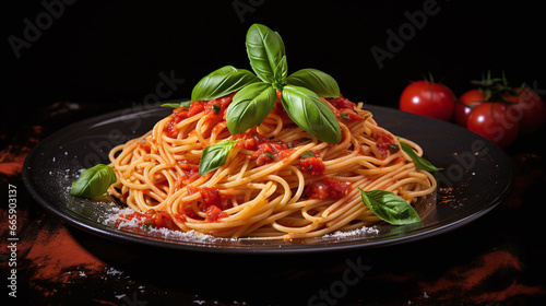 Spaghetti with tomato sauce and basil on a plate.