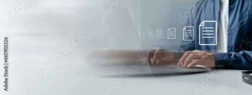 Individuals with document holograms in information system, archiving important documents in online databases to be accessed at any time, document database management. Storing document files on iCloud.