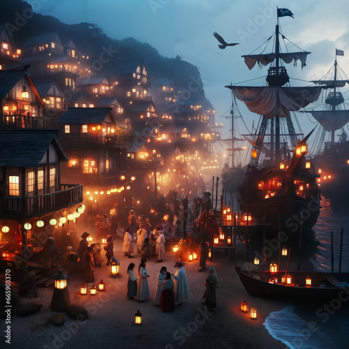 A photograph of a coastal pirate town at dusk, lanterns lining the docks, pirates and townsfolk celebrating with music and dance. Ships with tattered.