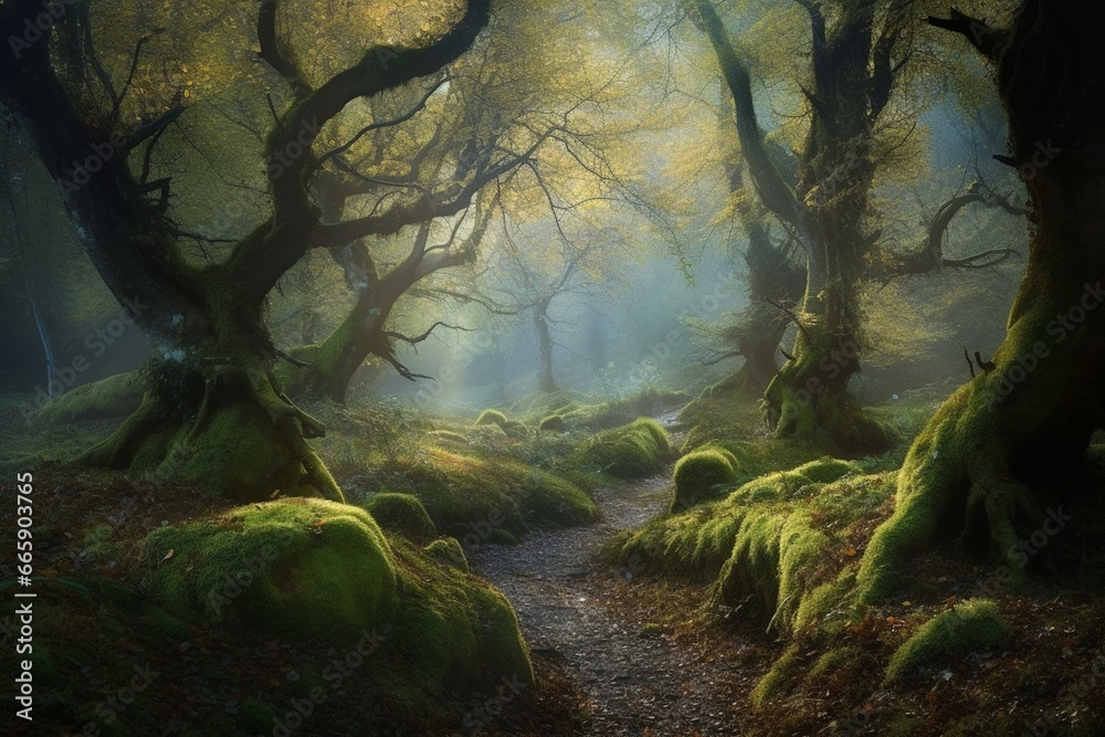 Captivating scene portraying a mesmerizing and mystical woodland setting. Generative AI