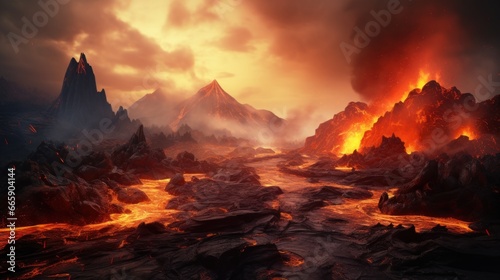 Flowing hot lava on the ground volcano wilderness landscape. © Supatsorn
