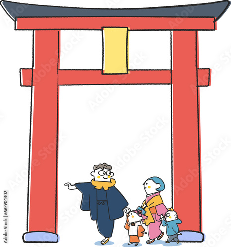 大きな鳥居をくぐって初詣に参拝する家族　イラスト素材
