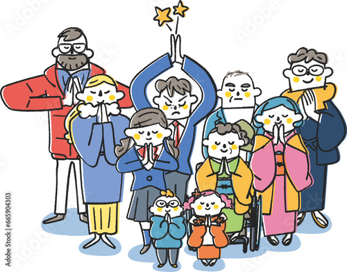 年頭にあたり神社で手を合わせて熱心に祈る人々　イラスト素材				
