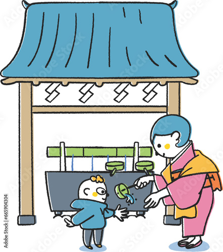 神社のお手水でお清めをしている親子　イラスト素材
