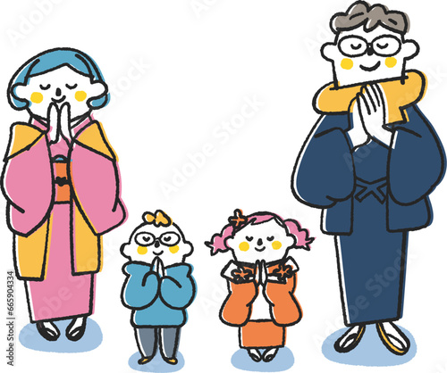 お正月にお賽銭箱の前で手を合わせお参りする家族連れ　イラスト素材			
