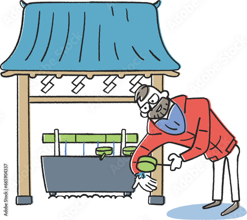 神社のお手水でお清めをしている外国人観光客　イラスト素材
