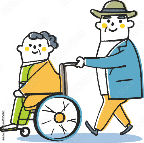 着物姿の妻が乗った車いすを押すおじいさん　イラスト素材
