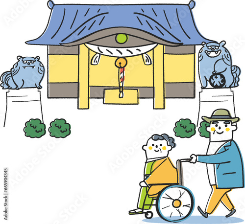 着物姿の妻が乗った車いすを押し神社に参拝するおじいさん　イラスト素材
