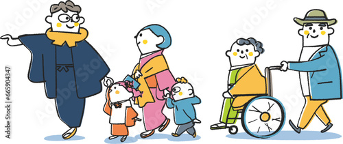着物姿や正装で初詣に参拝する3世代の家族　妻が乗った車いすを押すおじいさんを含む　イラスト素材  © gogondayo