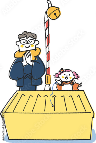 お賽銭を投げる子供と祈る父親　イラスト素材

