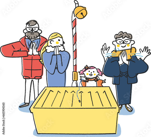 お賽銭を投げる子供と父親　それを見る外国人観光客　イラスト素材	
