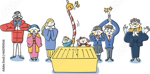 年頭にあたり神社で手を合わせて熱心に祈る人々　イラスト素材				
