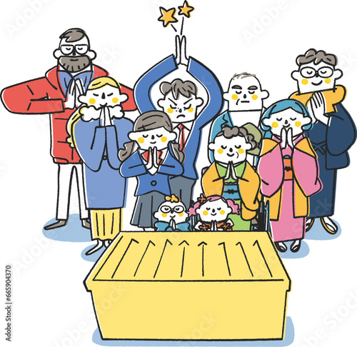 年頭にあたり神社で手を合わせて熱心に祈る人々　イラスト素材				
