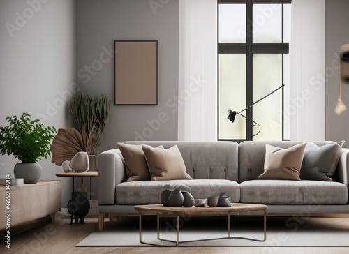 Architect interior designer concept, scandinavian nordic living room. Minimalist modern style. AI Generated. © ImagineWorld