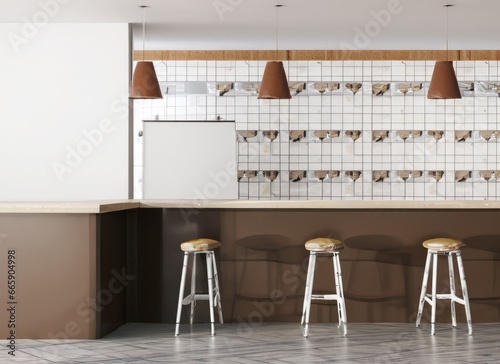  White and brown tile coffee shop interior with bar, with copy space. AI Generated. © ImagineWorld