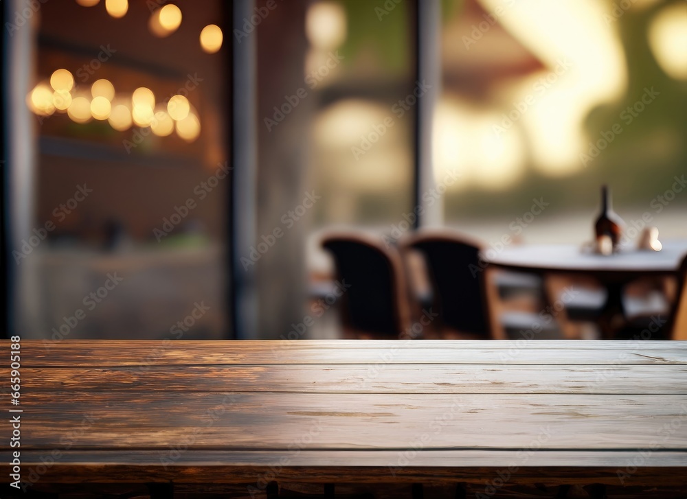 The dark wood table in the out door cafe with a blurred background with copy space. AI Generated.