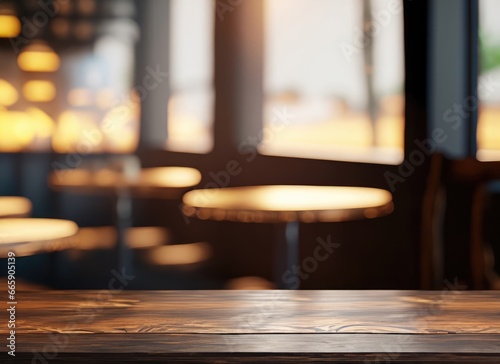  The dark wood table in the cafe with a blurred background with copy space. AI Generated.