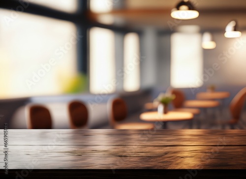  The dark wood table in the cafe with a blurred background with copy space. AI Generated. © ImagineWorld