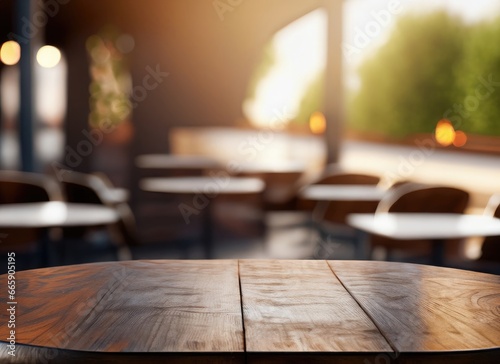 The dark wood table in the out door cafe with a blurred background with copy space. AI Generated.