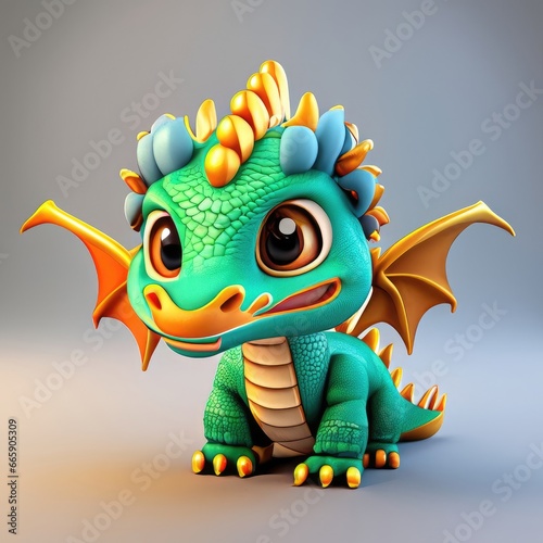 A Kawaii Baby Dragon. Bright and colorful 3D render computer generated. Adorable dragon baby with large eyes and realistic scales