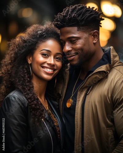 young african american couple in winter jackets looking at camera and smiling 