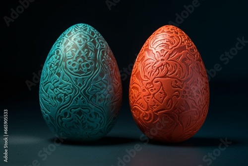 Two patterned eggs on gradient. Generative AI