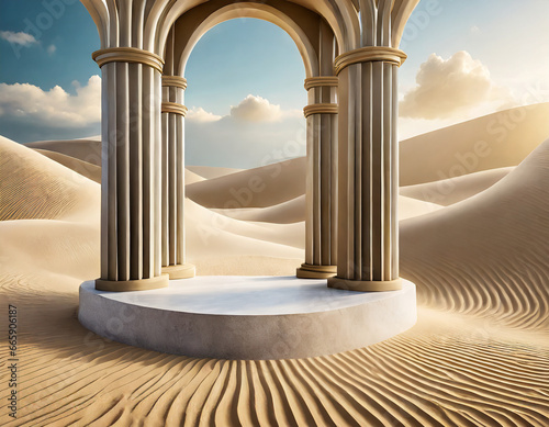 Premium minimal product podium with architecture columns on sand dunes. d rendering cosmetic podium background