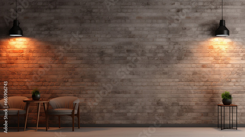 brick wall background with lights and decorated tables and chairs photo