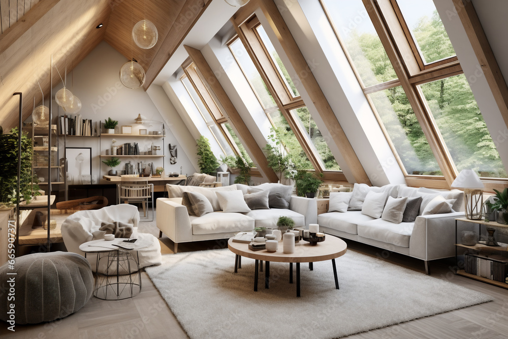 Interior design living room, bright tones, large windows, white walls, modern, simple.