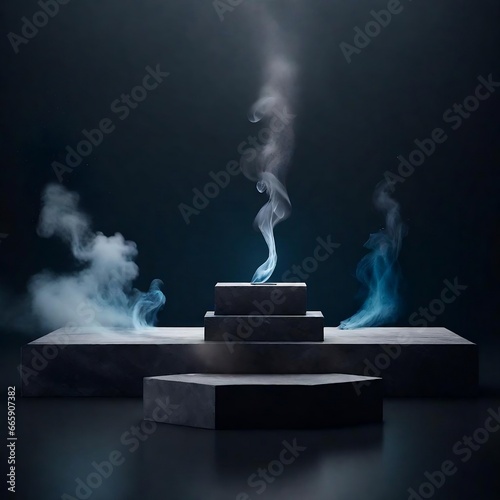 Abstract minimal concept. Dark background with natural granite stones podium on water and smoke surrounding.