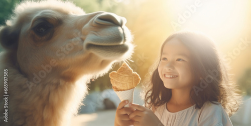 A little girl is holding an ice cream cone in front of a camel. Generative AI.
