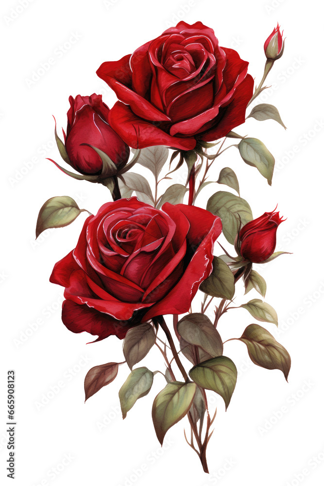 watercolor illustration of dark red roses isolated on a transparent background