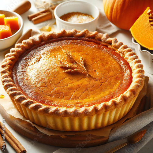 Golden delight with freshly baked pumpkin pie on white background