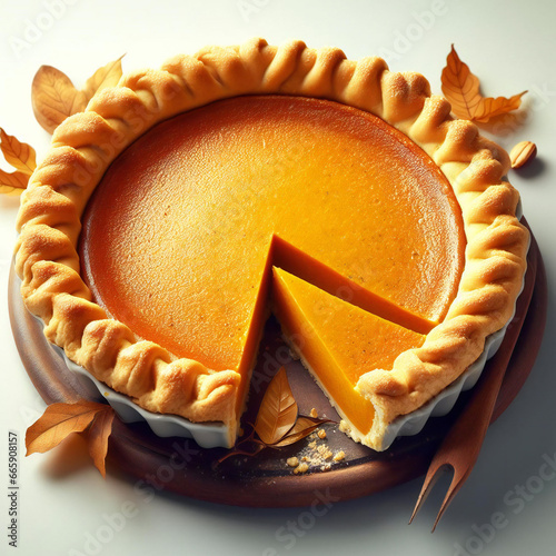 Golden delight with freshly baked pumpkin pie on white background