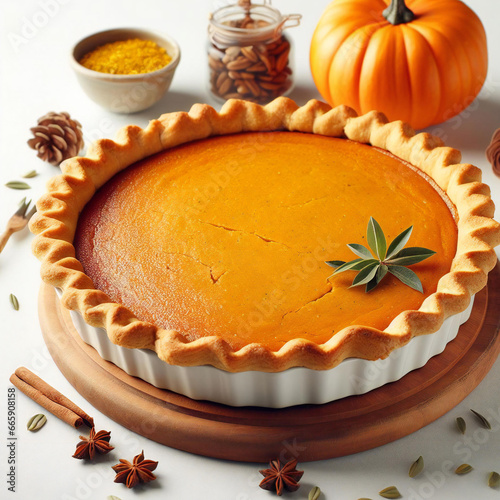 Golden delight with freshly baked pumpkin pie on white background