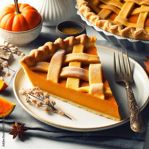 Luscious Slice of Pumpkin Pie with Lattice Crust